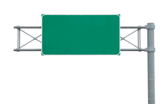 Green roadside sign featuring blank space isolated on transparent white background - Powered by Adobe