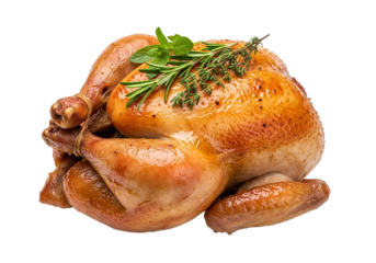 Poulet rôti entier doré aux herbes.