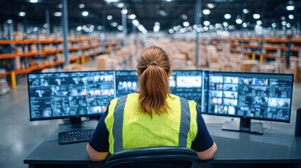 A person monitors multiple screens in a warehouse setting, overseeing operations and ensuring efficiency.