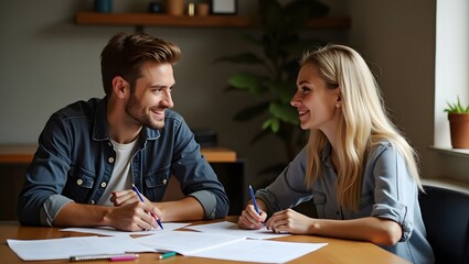 Fototapeta premium A young man with short brown hair and a gentle smile, and a young woman with long blonde hair and a focused expression, are sitting across from each other at a wooden table, engaged in a discussion, w