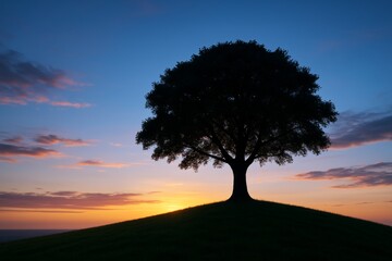 Fototapeta premium Lone tree silhouette on hilltop at colorful sunset with dramatic light and gradient sky background, peaceful nature landscape concept. Ai generative