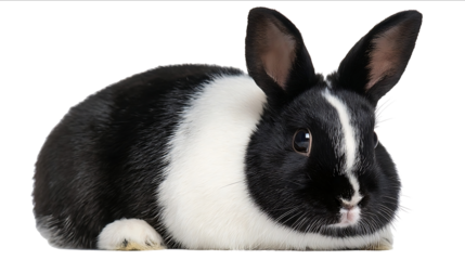 Black and white rabbit isolated on transparent background cutout PNG file with clipping path Adorable bunny animal sitting in the front view