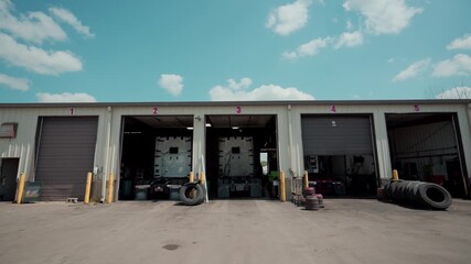 The trucks under the repair at the repair shop. Semi truck maintenance services. Wide rear view of shop exterior.