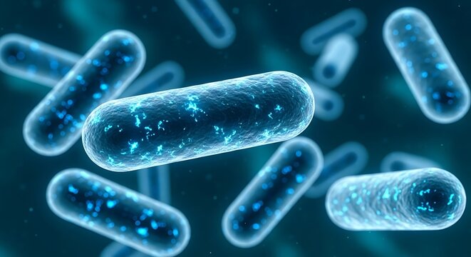 Microscopic view of glowing blue rod shaped bacteria cells under magnification in a dark blue background