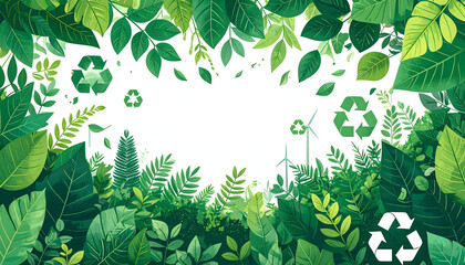 A flat vector illustration showing a lush, green landscape with a border of leaves, recycling symbols, and eco-friendly icons, representing environmental sustainability