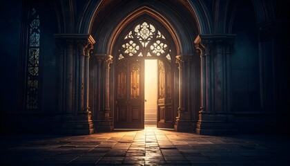 Fototapeta premium Gothic church doorway illuminated by mystical golden glow