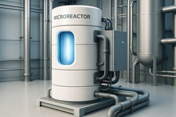 Futuristic microreactor with glowing blue core and metallic piping system in industrial facility background in clean modern style. Ai generative