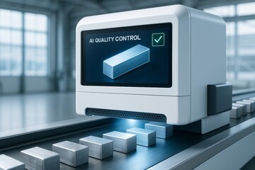 AI-powered quality control machine inspecting metal blocks on conveyor in a futuristic factory setting with light blue background and digital screen. Ai generative