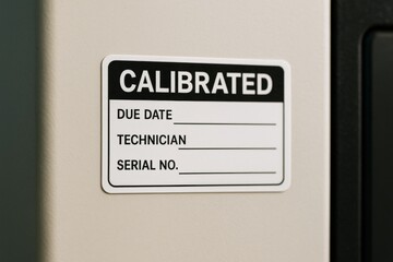 Calibration label on industrial equipment showing due date, technician, and serial number fields on neutral background in light setting. Ai generative