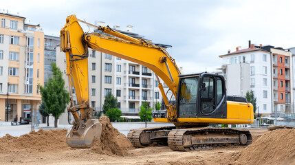 A bright yellow excavator digs into the earth in an urban construction site, showcasing heavy machinery in action.