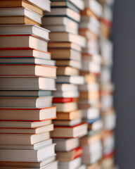 Fototapeta premium A close-up view of neatly stacked books, showcasing their spines and edges, emphasizing the organized chaos of literature.