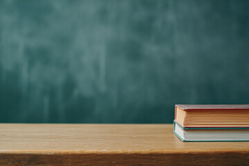 A stack of books rests on a wooden table against a blurred green chalkboard background, creating a cozy study atmosphere.