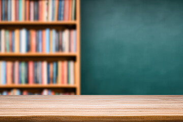 Fototapeta premium A wooden table in the foreground with a blurred bookshelf and green chalkboard in the background, creating a study or learning atmosphere.