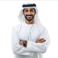 A photo of a smiling Emirati man wearing a white thobe with a black tie and watch looking at the camera isolated on a clear white background
