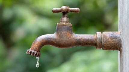 A close-up view of an old rusty water tap dripping with a blurred green background, highlighting issues of water conservation.