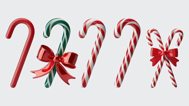 Vector art of assortment of christmas candy canes on a, including plain, striped, and decorated with red bows
