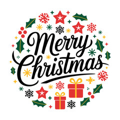 Vector art of circular merry christmas illustration with stars, snowflakes, holly, and gift boxes