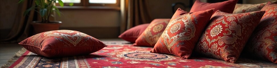 Intricate paisley pattern adorns plush velvet cushions scattered on a rich, Persian rug inside a warmly lit room  The scene evokes comfort and opulence , living room, swirl