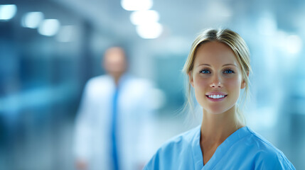 Obraz premium A confident female healthcare professional smiles warmly in a modern hospital setting, embodying compassion and dedication.