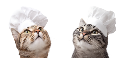Two cats wearing chefs hats and aprons isolated on a white background One cat is looking up while the other is facing the camera