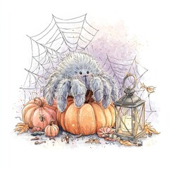 Cute fluffy monster spider among pumpkins, lantern, autumn leaves and webs, warm pastel orange palette, for cozy Halloween designs.