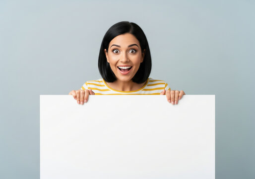 Excited woman holding a blank white board with copy space

 - Powered by Adobe