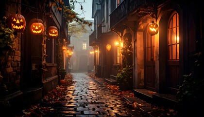 Fototapeta premium Rainy old alley glowing with jack-o’-lanterns at night