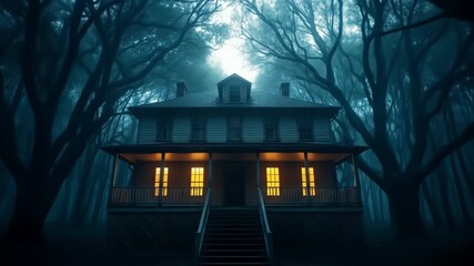 Low-angle shot of a haunted house exterior at dusk, shrouded in fog, with dimly lit windows and a dark, mysterious atmosphere.
