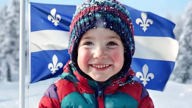 Smiling child in colorful winter jacket and knitted hat with Quebec flag waving in snowy landscape, joyful Canadian portrait symbolizing Quebec identity, culture and winter lifestyle outdoors