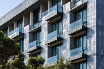 Modern architecture in a sunny urban setting showcasing a contemporary building with glass balconies surrounded by greenery