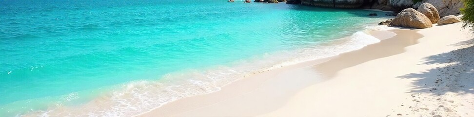 Obraz premium Relaxing beach scene with turquoise water lapping gently against the shore, white sand, and bright sunshine Perfect for summer holiday brochures or travel websites , serene, paradise, tranquil
