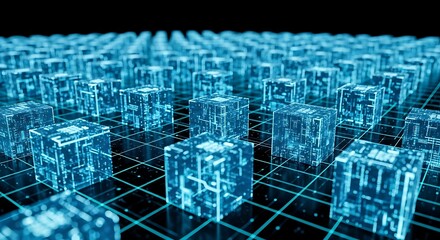 Abstract digital cubes arranged in a grid with glowing blue circuits