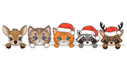 Vector art of collection of cute cartoon animal faces wearing santa hats, including a deer, cat, raccoon, and fox