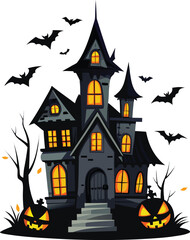 Spooky Halloween T-Shirt – Witch Flying on Broomstick with Bats, Haunted Forest Halloween T-Shirt – Creepy Sunset