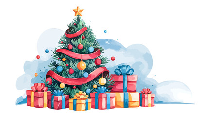 Fototapeta premium Vector art of festive christmas tree decorated with red ribbon and ornaments, surrounded by gift boxes