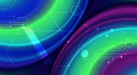 Obraz premium Abstract background with flowing gradient rings, and geometric circuit patterns. The rings flow from blue to green and violet to emphasize futuristic tech.