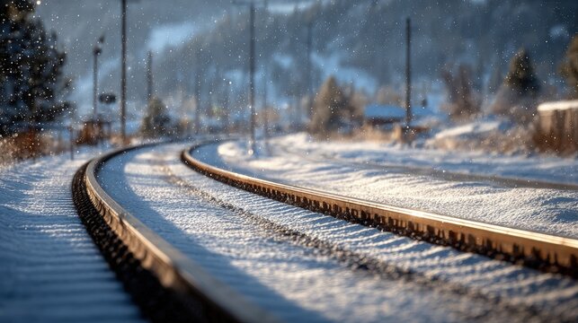 Snowy Train Tracks In Winter Landscape - Powered by Adobe