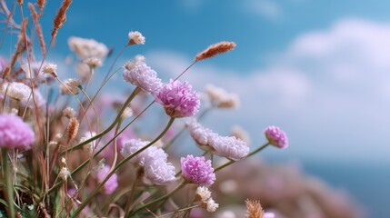 Vibrant wildflowers against blue sky with fluffy clouds.