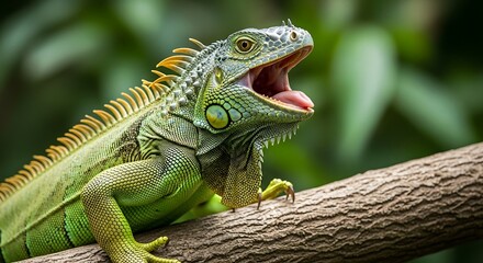 Obraz premium Green Iguana with Mouth Open on a Branch.