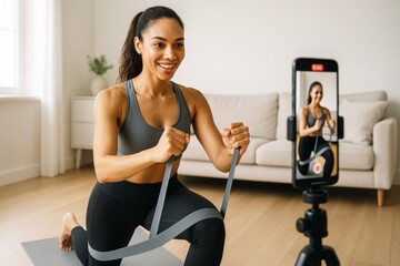 Woman filming home workout using resistance band in bright living room with smartphone on tripod, smiling and focused on exercise routine. Ai generative
