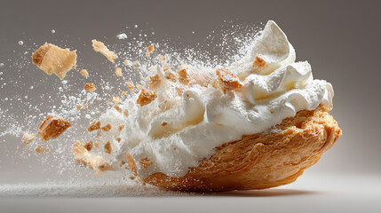 A delicious pie bursting with whipped cream and crumbs, showcasing an appetizing dessert falling apart in a dynamic visual display.