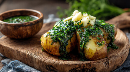 A delicious plate of baked potatoes topped with vibrant green sauce, perfect for comfort food lovers and culinary enthusiasts.