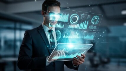 Futuristic Business Intelligence Analyst Interacting with a Glowing Holographic Data Dashboard on a Transparent Tablet.