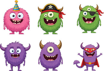 Cartoon Monsters with Fun Expressions, Colorful and Playful Monsters in Different Outfits, Happy and Silly Monster Characters for Kids