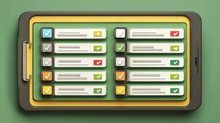 Floating digital notepad with task list interface checkboxes and reminder icons arranged in grid for productivity dashboard or digital task manager concept