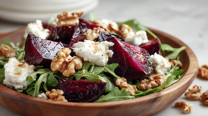 A delicious salad featuring mixed greens, roasted beets, walnuts, and creamy goat cheese, perfect for healthy dining.