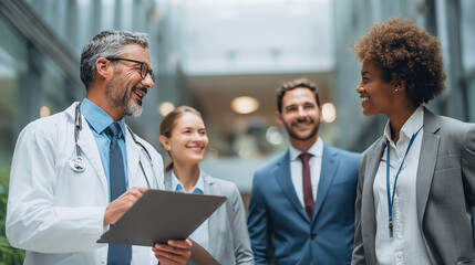 A diverse team of professionals engaging in a discussion at a healthcare facility, highlighting collaboration and innovation.