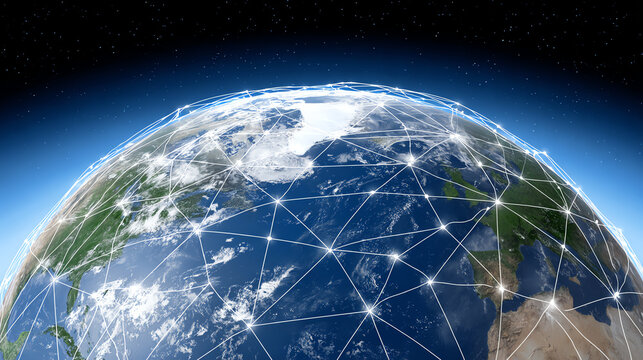 A digital network connects the world, showcasing global communication and technology's impact on our lives.
