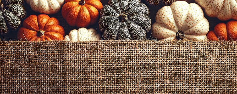  Assorted speckled white, black, and orange pumpkins on rustic burlap with copy space, warm autumn palette, ideal for Thanksgiving ads.