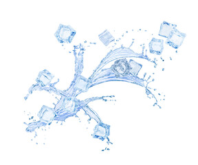 Obraz premium Ice cubes and splashing water on white background